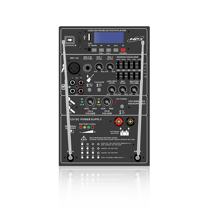 PL13-5EQ：两个麦克风通​​道和音量控制，带 5 波段图形均衡器可充电扬声器功能模块